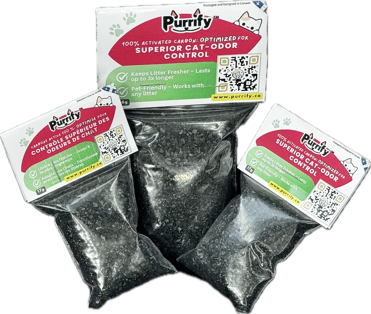 Three sizes of Purrify activated carbon litter additive bags