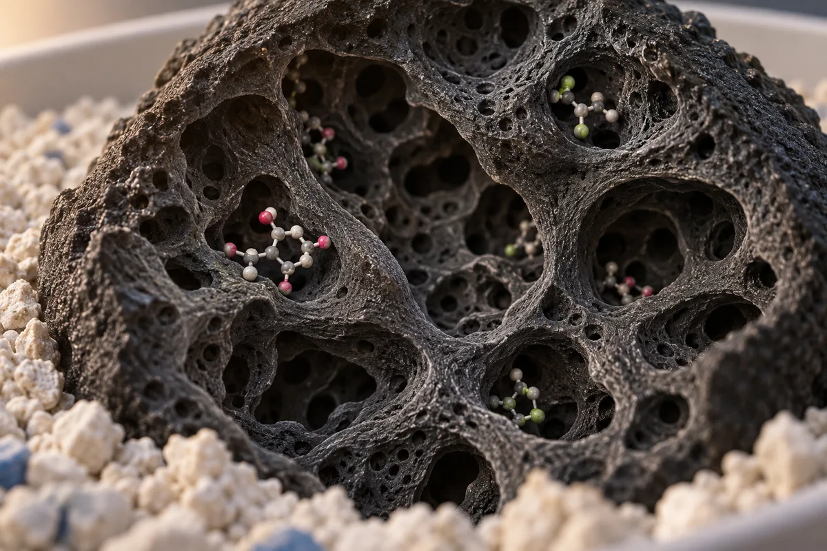 Illustration of a cutaway activated-carbon granule in cat litter, showing small molecules inside its many pores